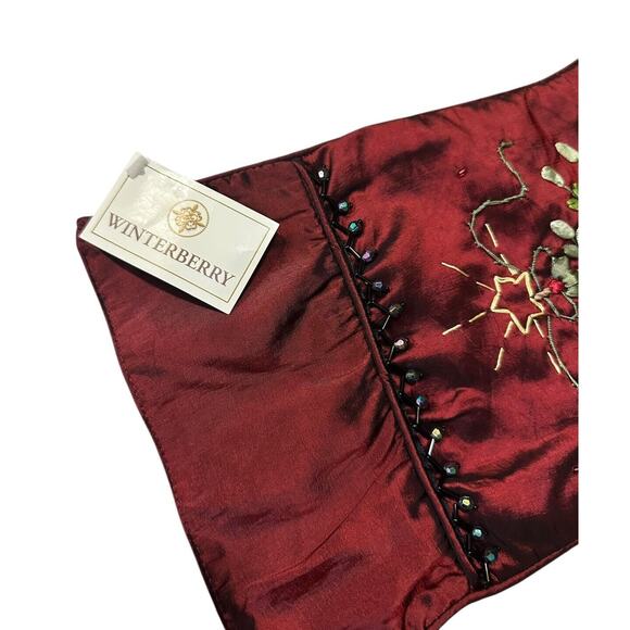 Elegant Dark Red Satin Ribbon Embroidered Christmas Stocking Tree Embellished - Picture 3 of 7